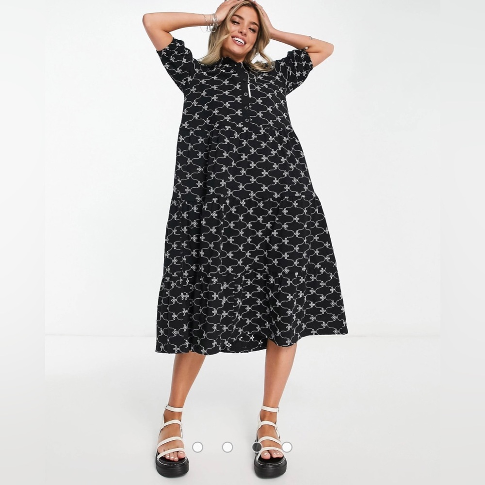 ASOS Womens Eyelet Broderie Midi Tiered Short Sleeve Button Front Shirt Dress 10